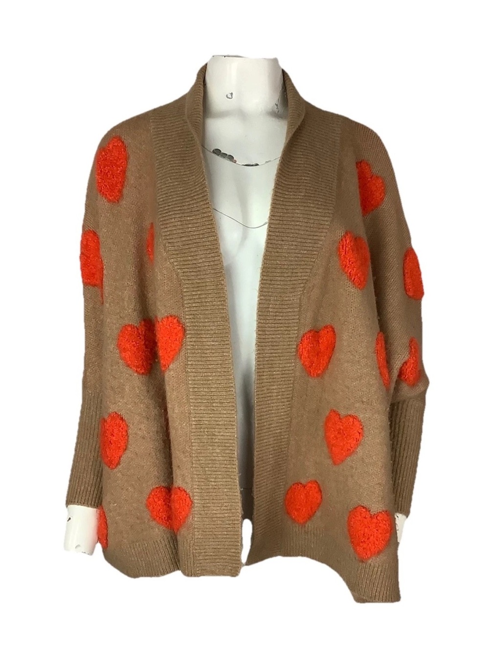 By Anthropologie One Size Boucle Heart Knit Kimono Open Cardigan Tan Red